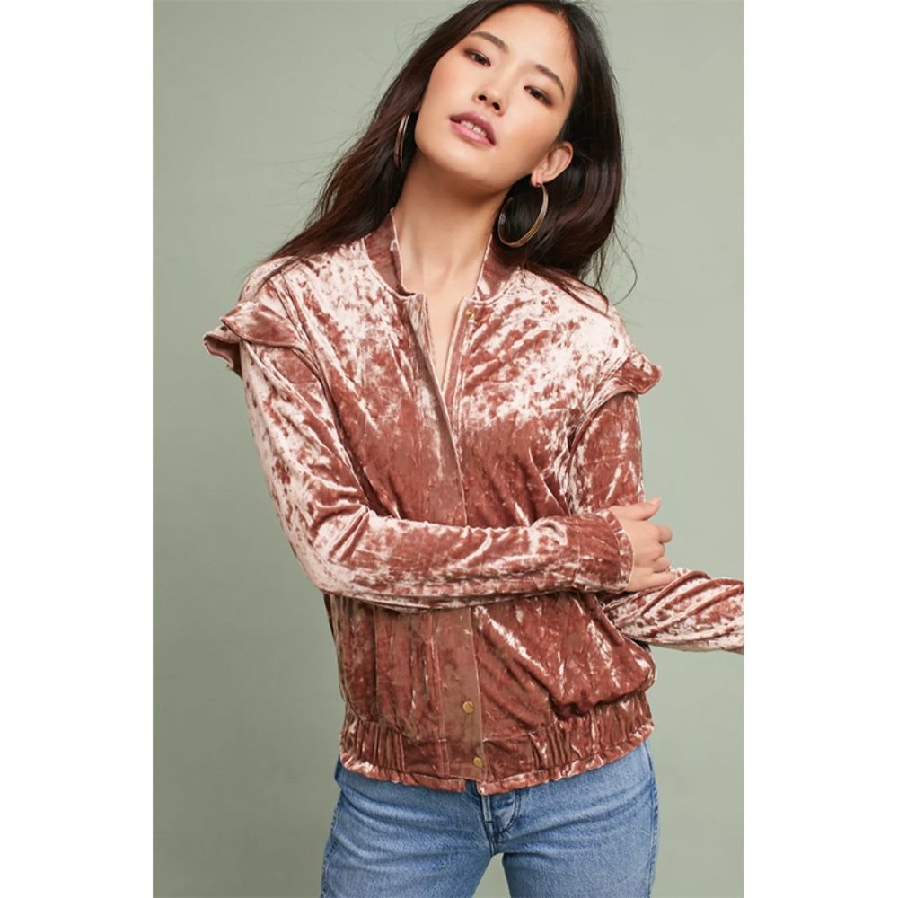 Anthropologie Sabina Musayev Blushed Velvet Bomber Jacket Full Zipper Mauve Pink